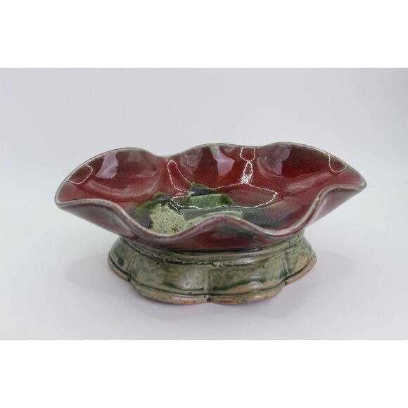 Pottery Bowl Red | Pottery Bowl Green| Wheel Thrown Whimsical Design | 8" - Picture 3 of 11